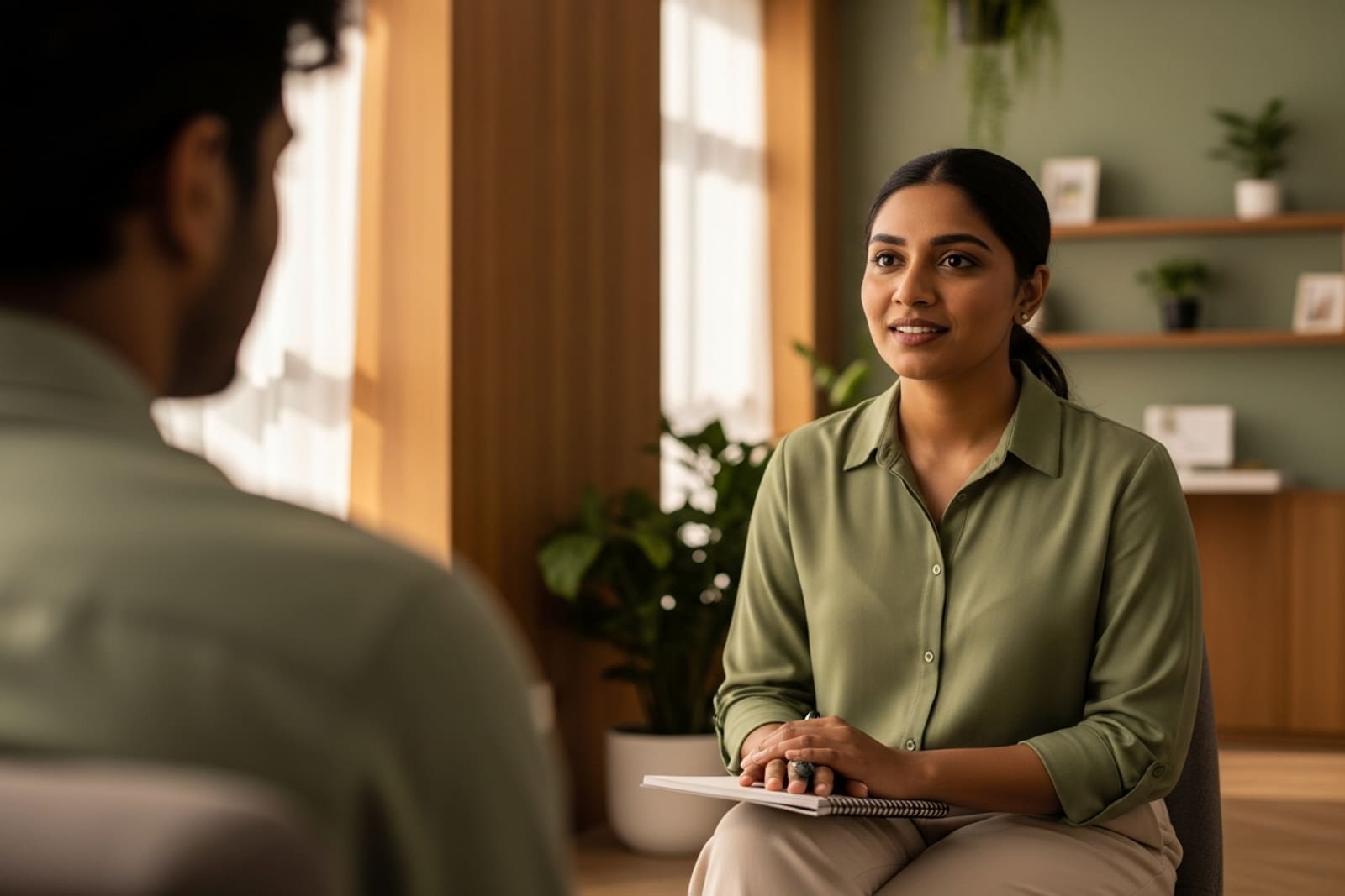 A counsellor listening warmly to a client during a session