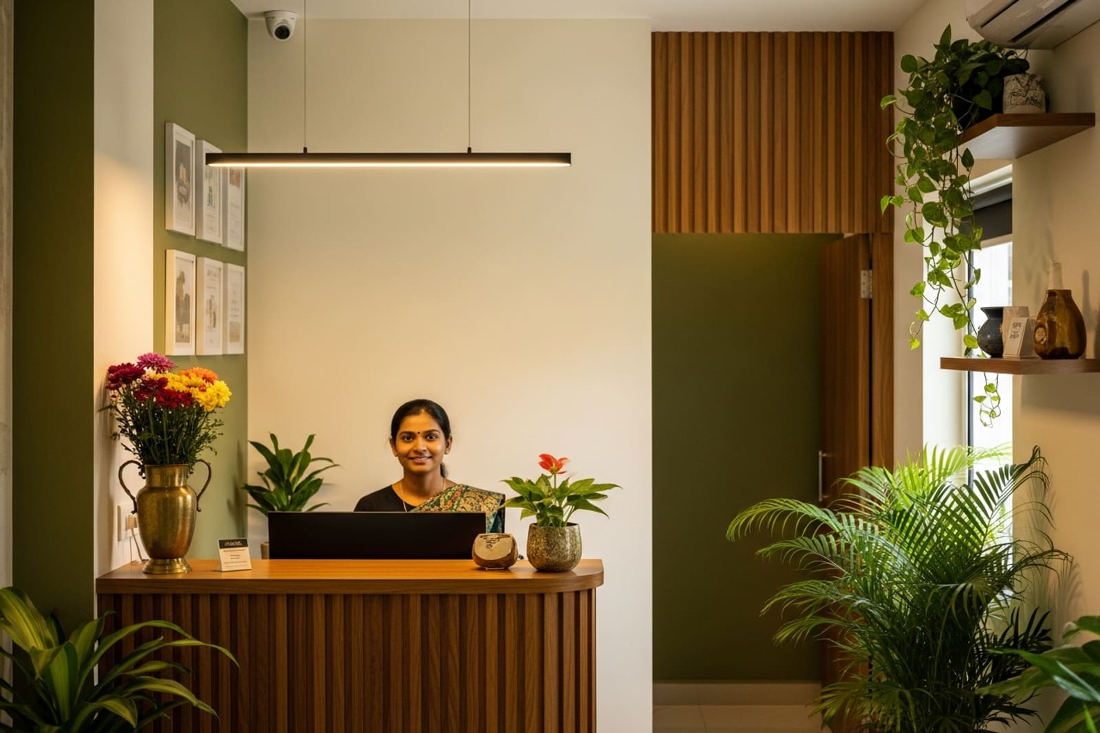 A friendly receptionist at Parivartan's welcoming front desk
