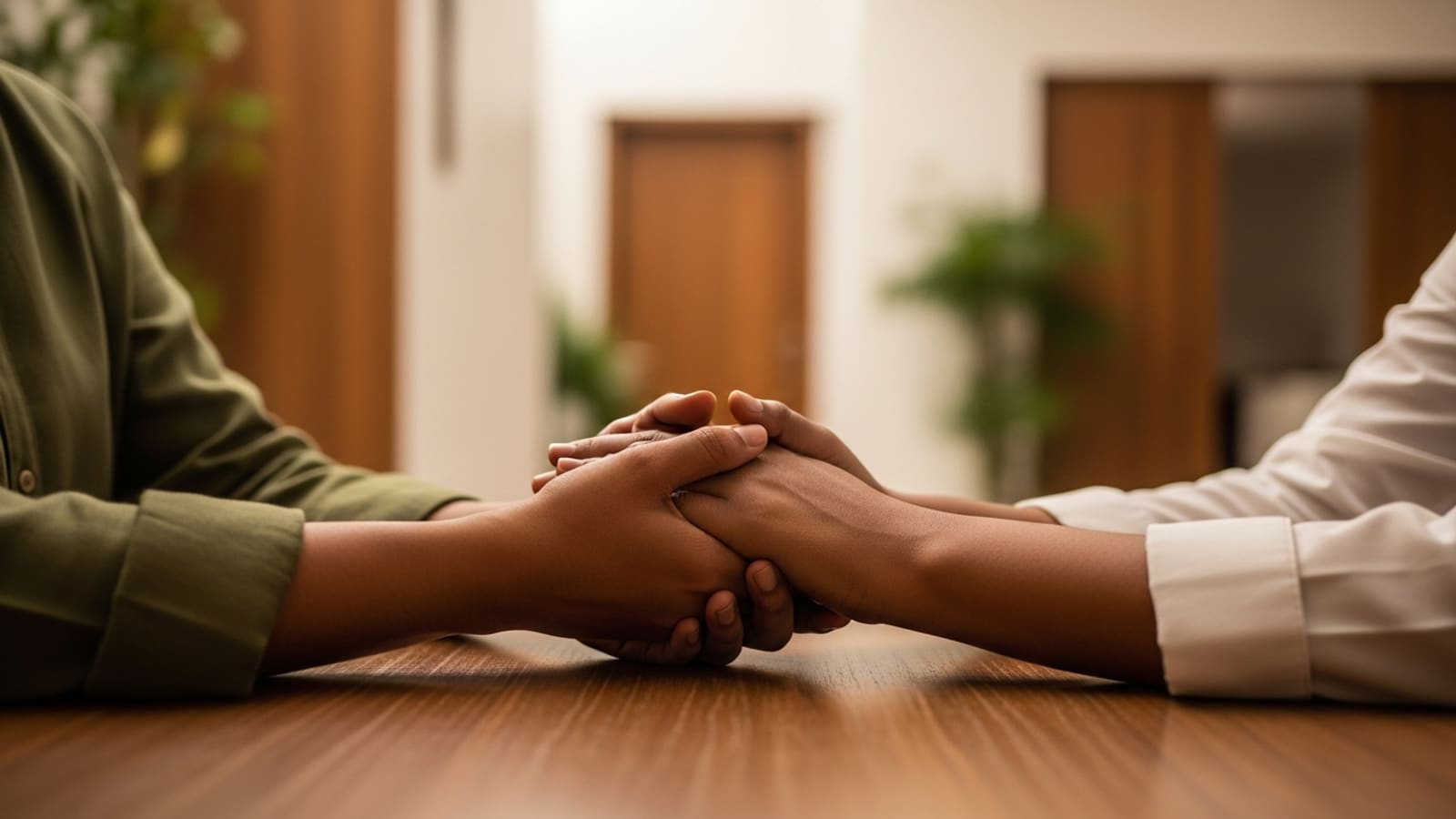 One person holding another's hands in a gesture of support across a table