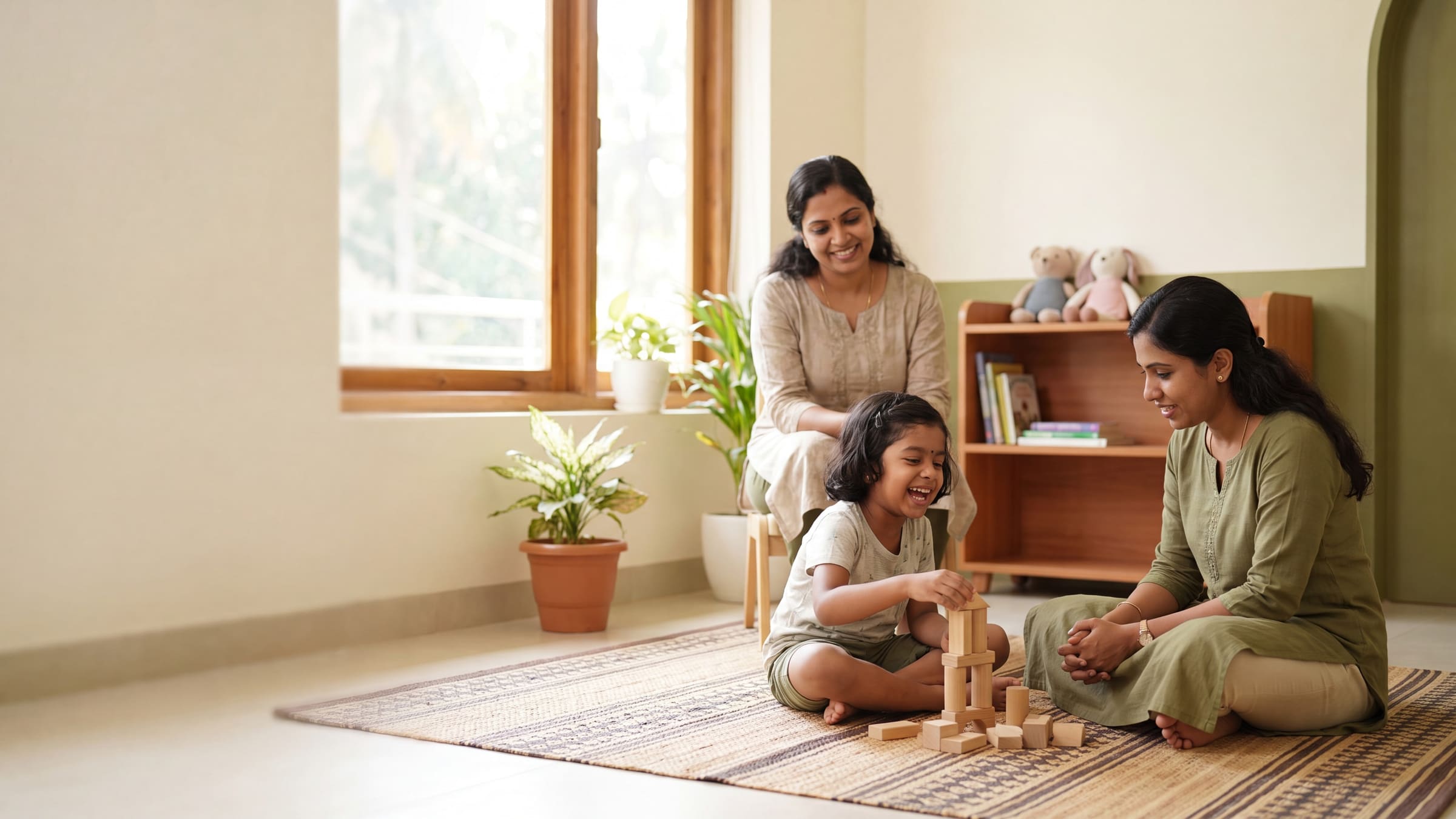 A child laughing while building wooden blocks with her mother and a counsellor in a warm, sunlit room