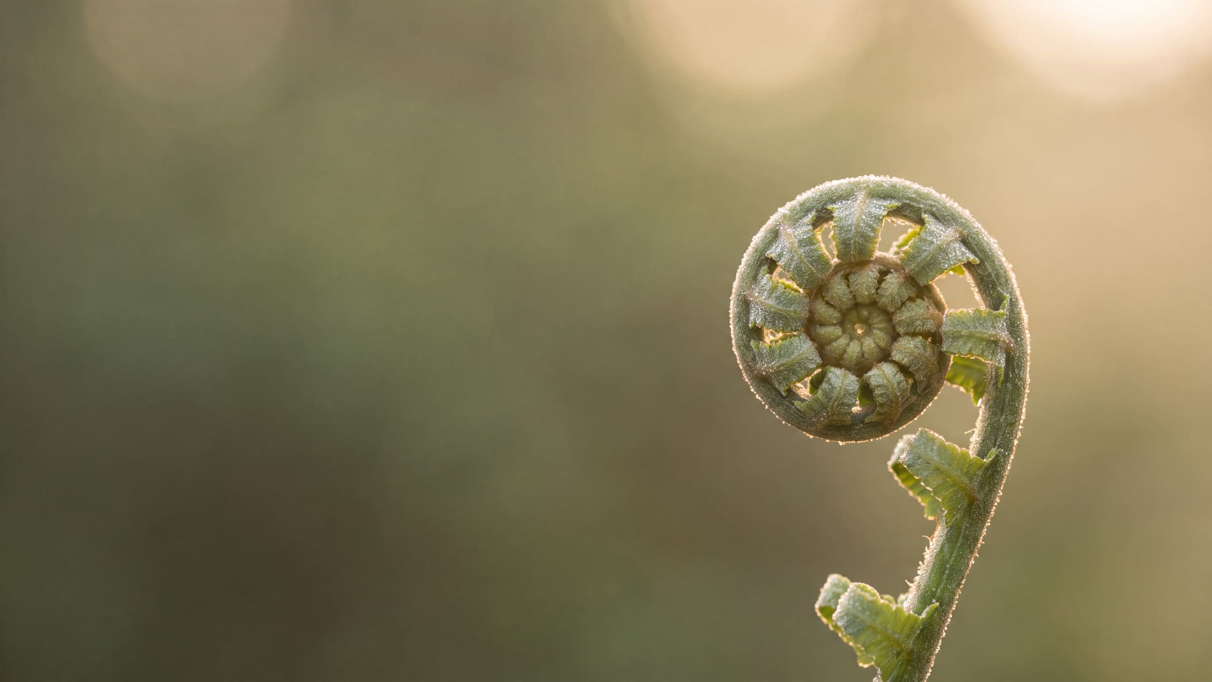 A young fern frond unfurling in soft golden morning light — a symbol of growth and new beginnings
