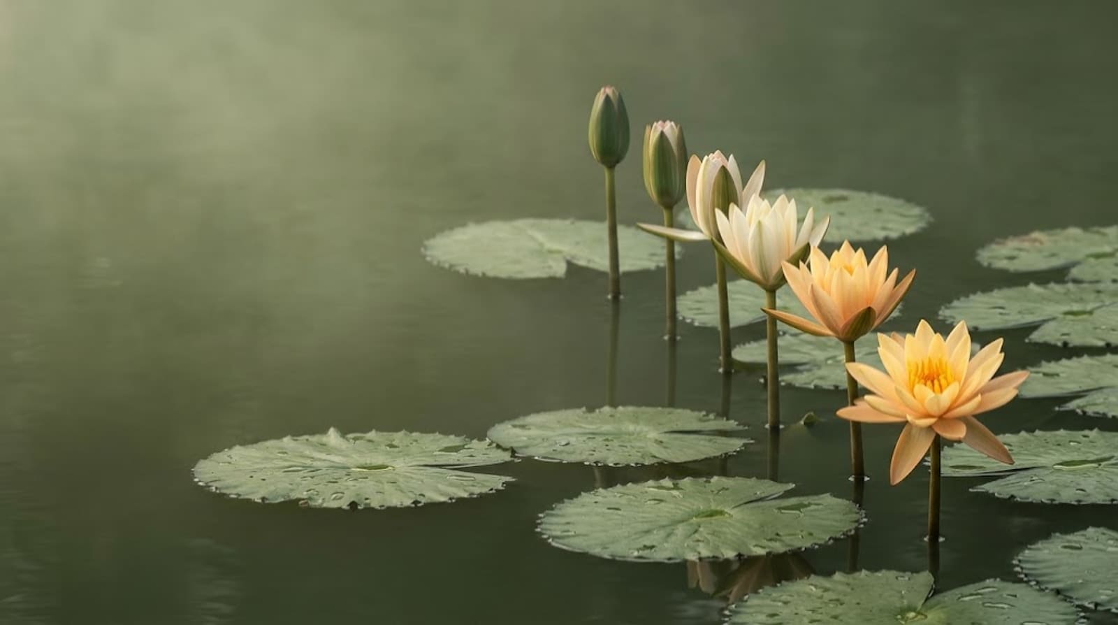 Lotus flowers at dawn on a still Kerala pond, each one further open than the last, ending in a fully open golden bloom
