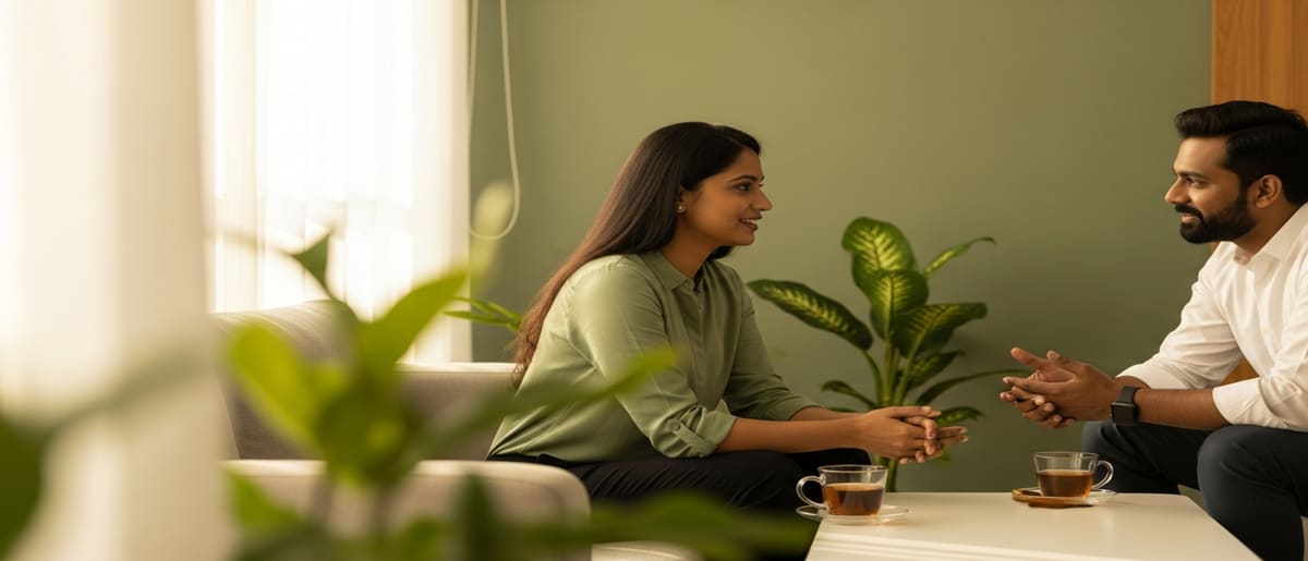 A counsellor listens with warmth during a one-to-one session